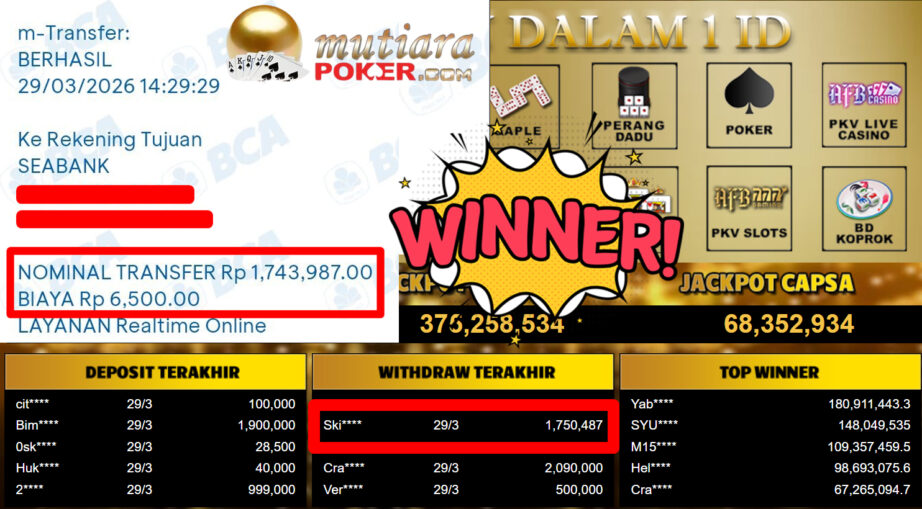 Bukti Withdraw ( 1.750.487,-) Member Setia MutiaraPoker