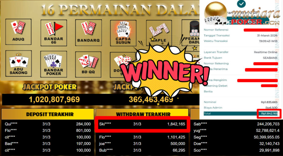 Bukti Withdraw ( 1.842.165,-) Member Setia MutiaraPoker
