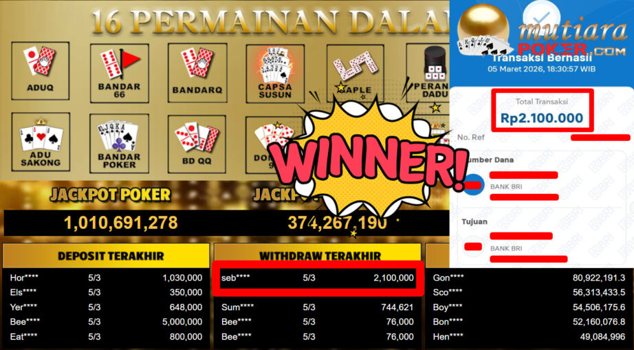Bukti Withdraw ( 2.100.000,-) Member Setia MutiaraPoker