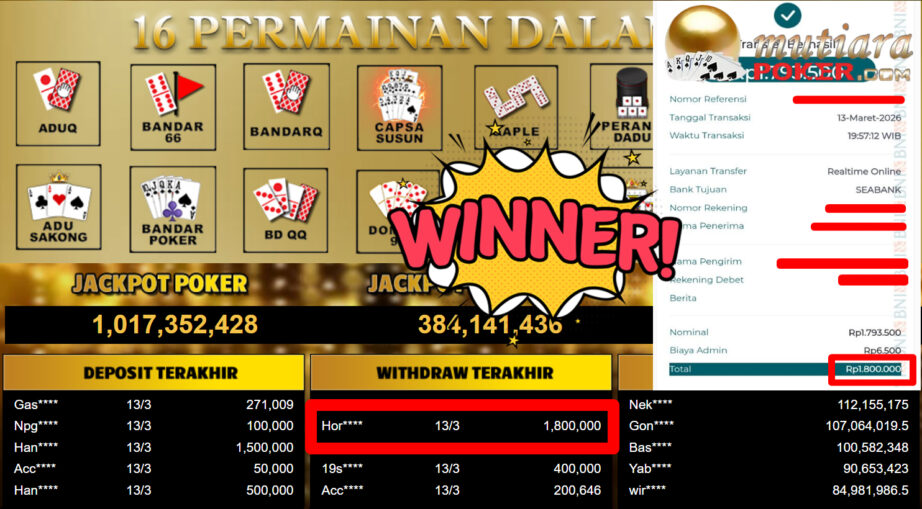 Bukti Withdraw ( 1.800.000,-) Member Setia MutiaraPoker