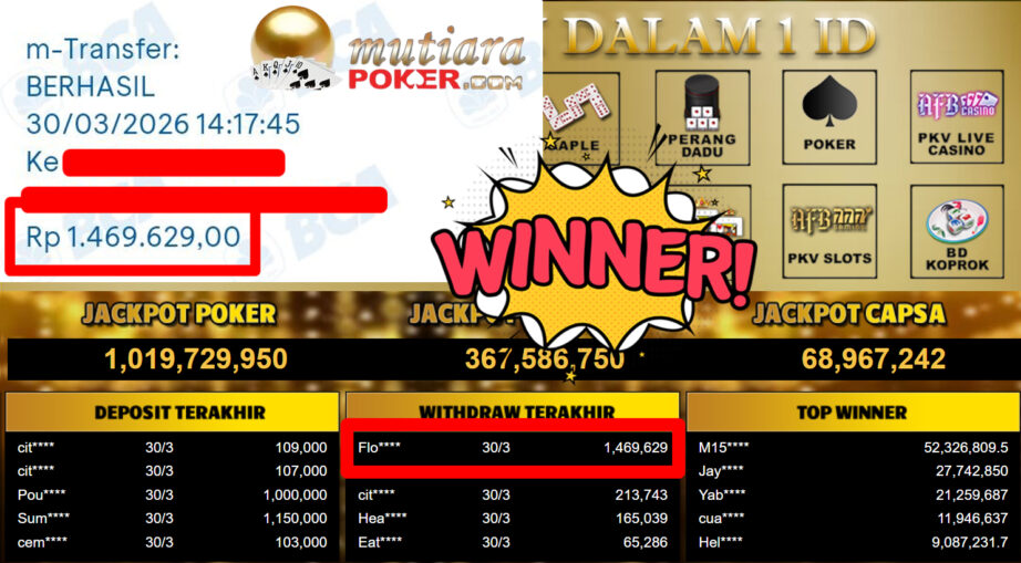 Bukti Withdraw ( 1.469.629,-) Member Setia MutiaraPoker