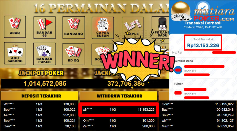 Bukti Withdraw ( 13.153.226,-) Member Setia MutiaraPoker