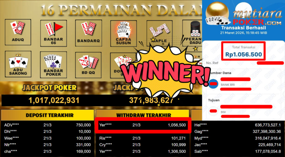 Bukti Withdraw ( 1.056.500,-) Member Setia MutiaraPoker
