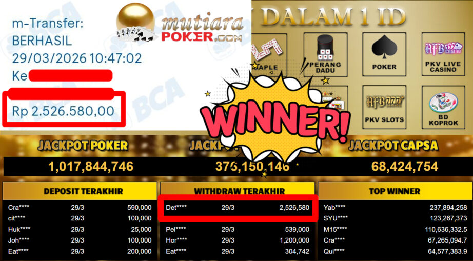 Bukti Withdraw ( 2.526.580,-) Member Setia MutiaraPoker