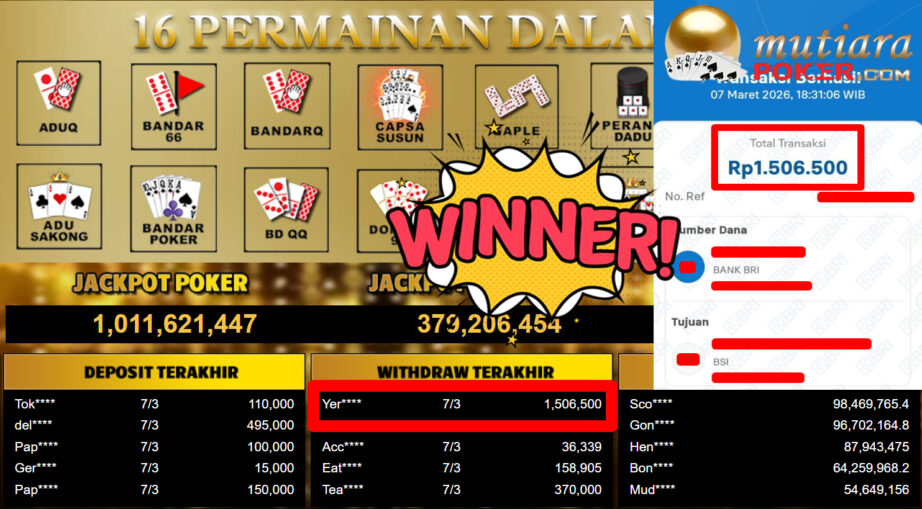 Bukti Withdraw ( 1.506.500,-) Member Setia MutiaraPoker