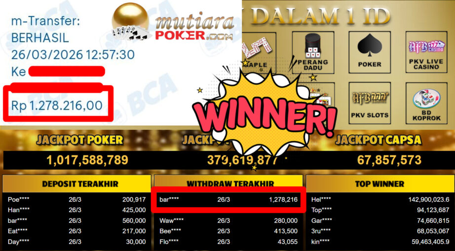 Bukti Withdraw ( 1.278.216,-) Member Setia MutiaraPoker