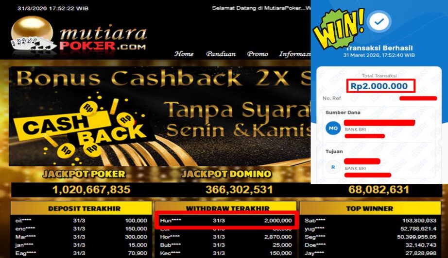 Bukti Withdraw ( 2,000,000,-) Member Setia Mutiarapoker