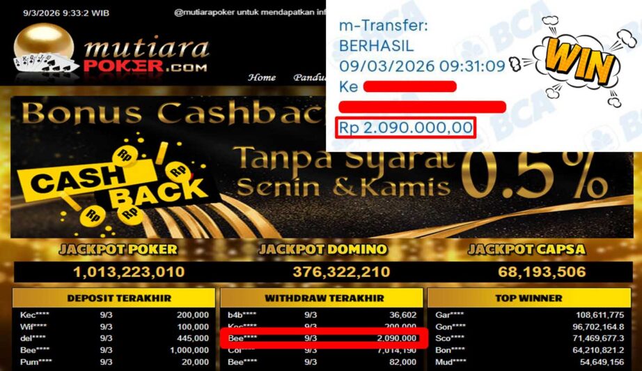 Bukti Withdraw ( 2,090,000,-) Member Setia Mutiarapoker