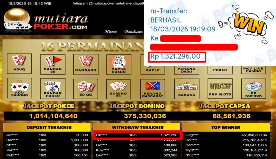Bukti Withdraw ( 1,321,296,-) Member Setia Mutiarapoker