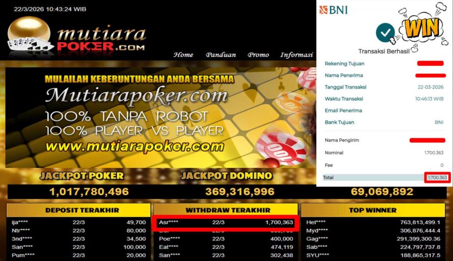 Bukti Withdraw ( 1,700,363,-) Member Setia Mutiarapoker
