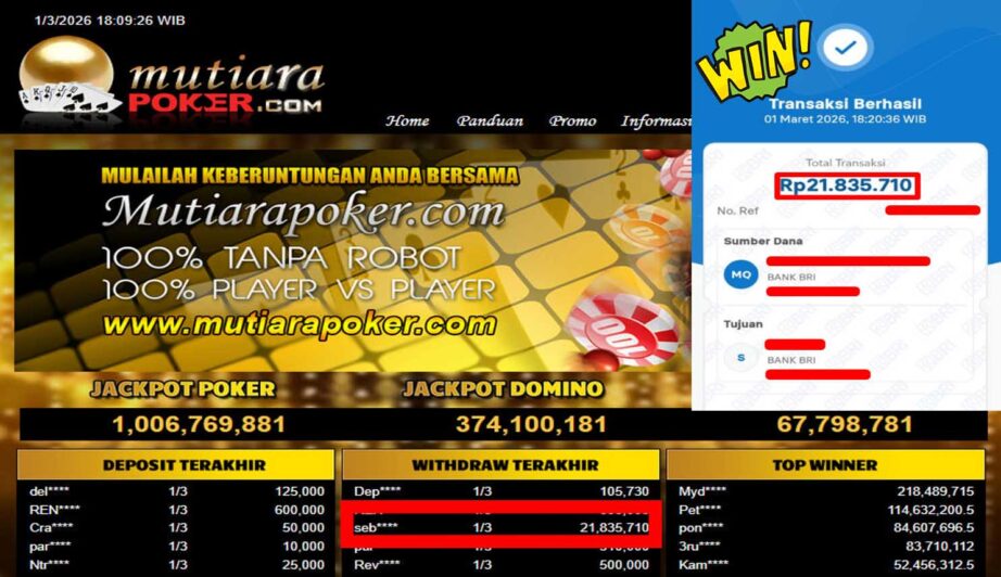 Bukti Withdraw ( 21,835,710,-) Member Setia Mutiarapoker