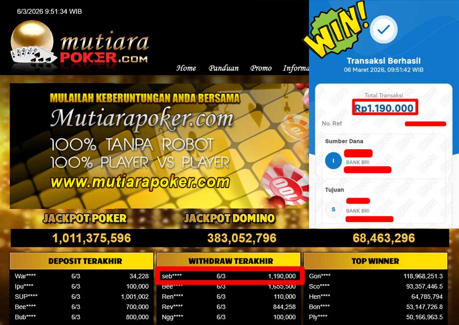 Bukti Withdraw ( 1,190,000,-) Member Setia Mutiarapoker