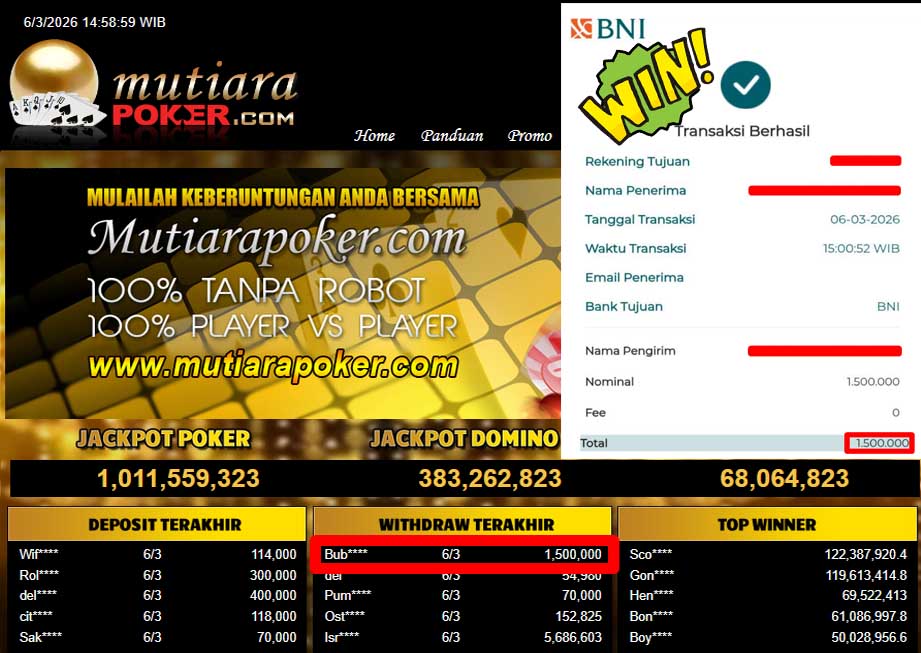Bukti Withdraw ( 1,500,000,-) Member Setia Mutiarapoker