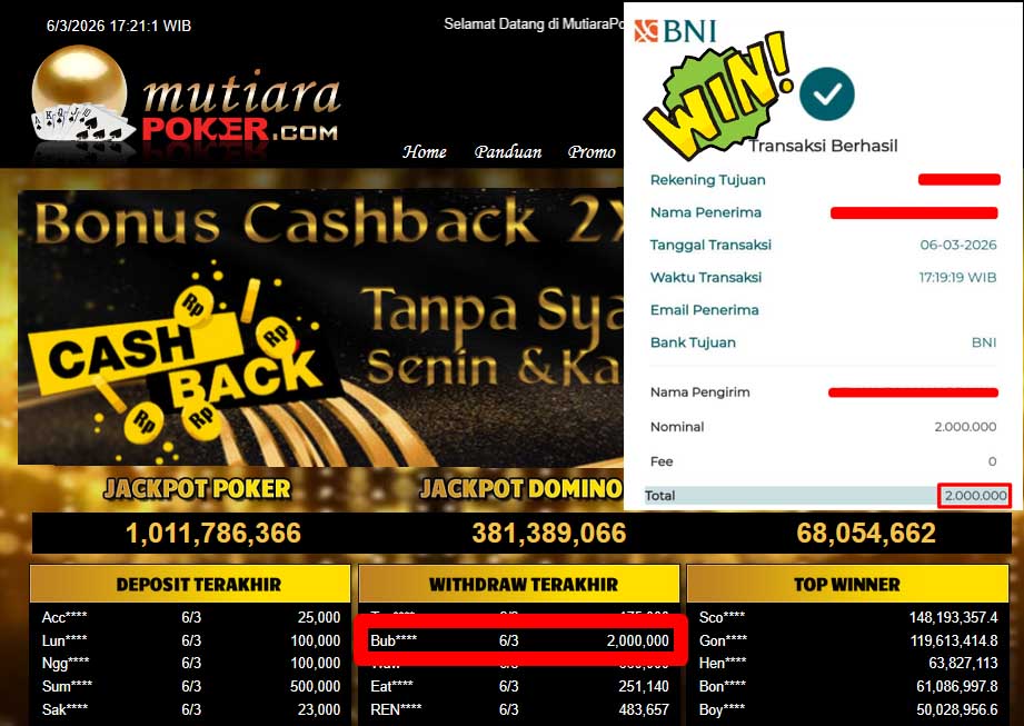 Bukti Withdraw ( 2,000,000,-) Member Setia Mutiarapoker