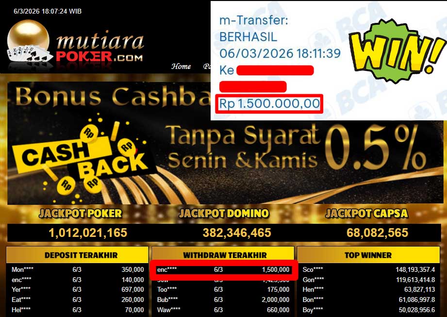 Bukti Withdraw ( 1,500,000,-) Member Setia Mutiarapoker