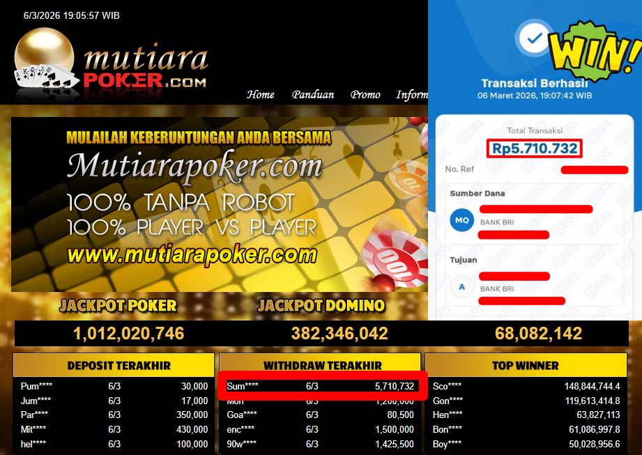 Bukti Withdraw ( 5,710,732,-) Member Setia Mutiarapoker