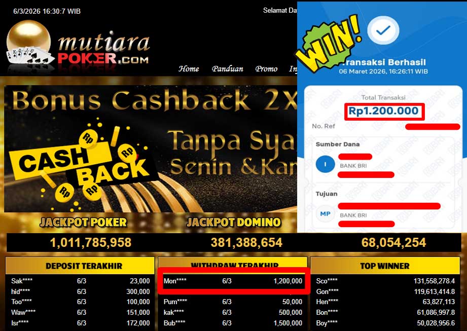 Bukti Withdraw ( 1,200,000,-) Member Setia Mutiarapoker