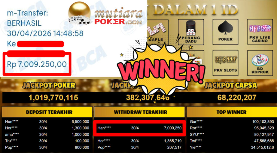 Bukti Withdraw ( 7.009.250,-) Member Setia MutiaraPoker