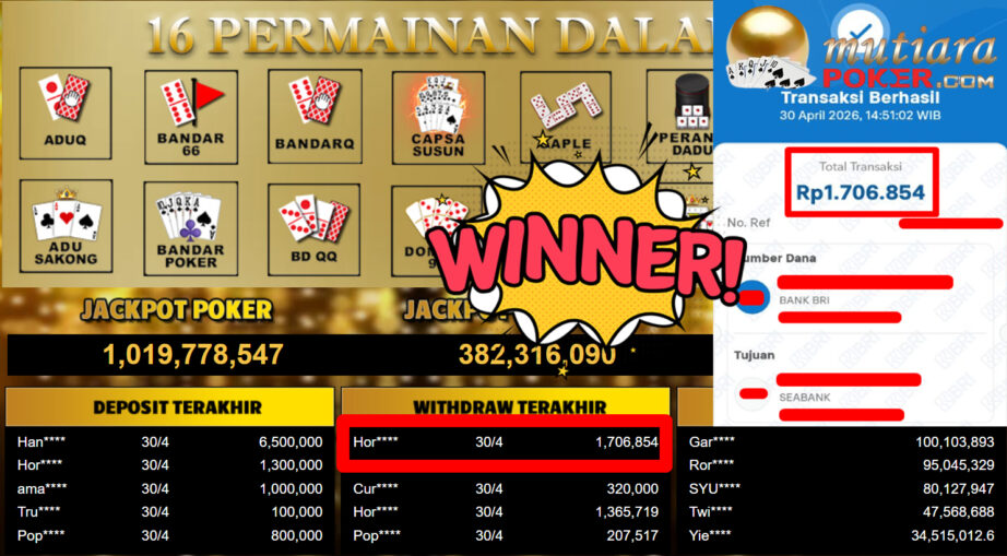 Bukti Withdraw ( 1.706.854,-) Member Setia MutiaraPoker