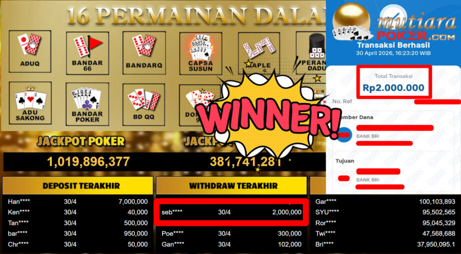 Bukti Withdraw ( 2.000.000,-) Member Setia MutiaraPoker