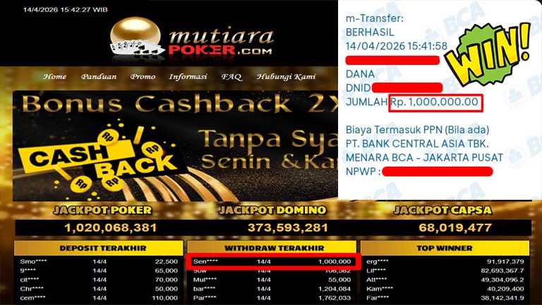 Bukti Withdraw ( 1,000,000,-) Member Setia Mutiarapoker