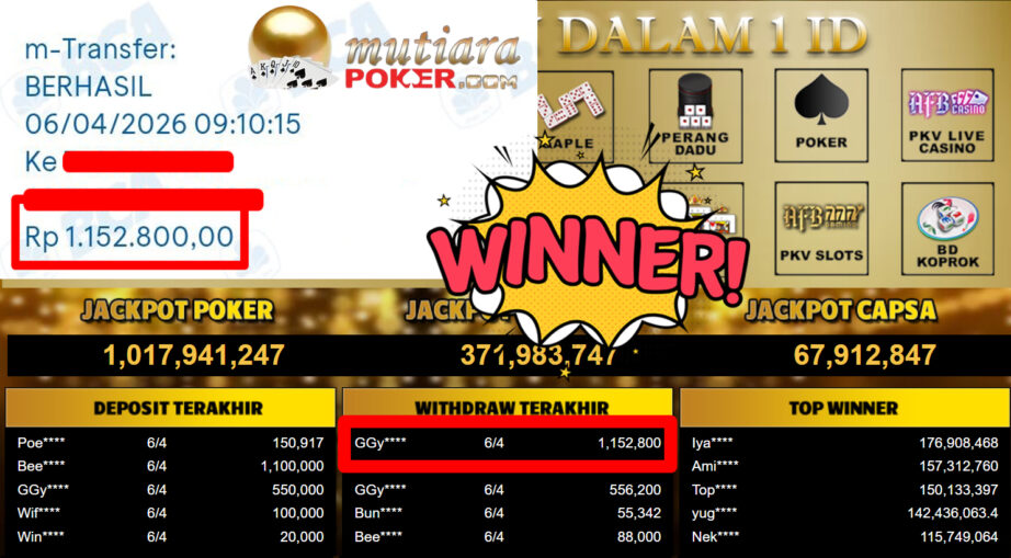 Bukti Withdraw ( 1.152.800,-) Member Setia MutiaraPoker