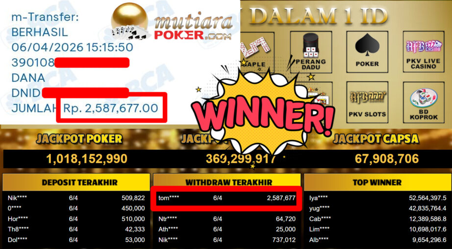 Bukti Withdraw ( 2.587.677,-) Member Setia MutiaraPoker