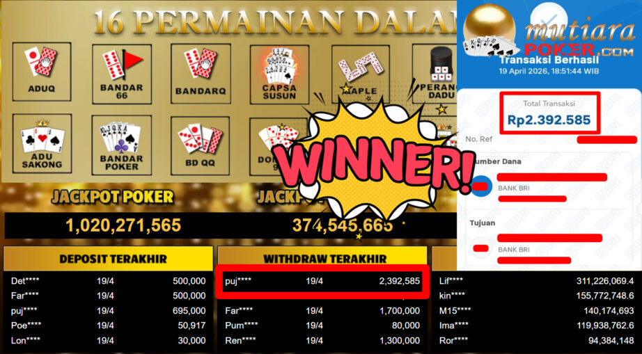 Bukti Withdraw ( 2.392.585,-) Member Setia MutiaraPoker