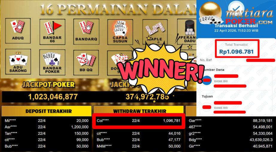 Bukti Withdraw ( 1.096.781,-) Member Setia MutiaraPoker