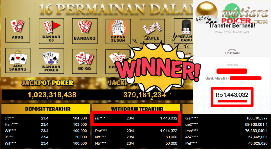 Bukti Withdraw ( 1.443.032,-) Member Setia MutiaraPoker