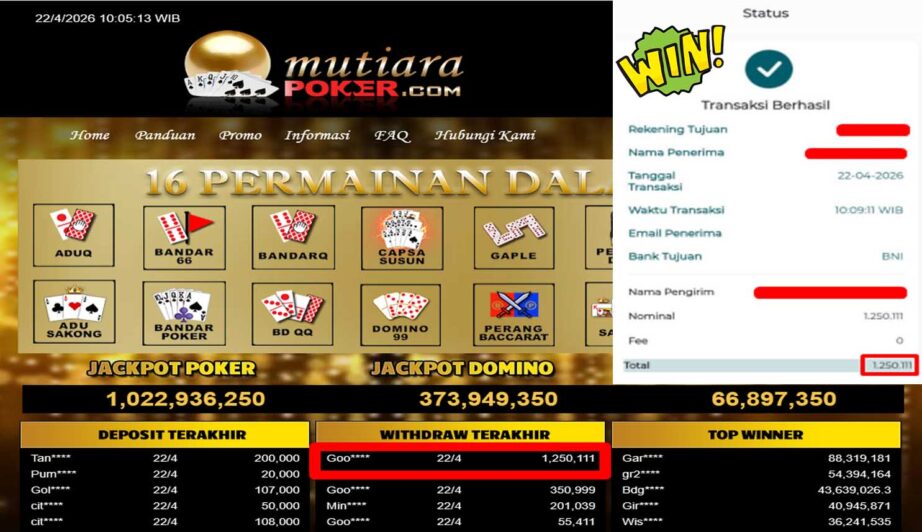 Bukti Withdraw ( 1,250,111,-) Member Setia Mutiarapoker