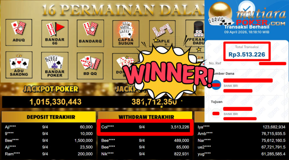 Bukti Withdraw ( 3.513.226,-) Member Setia MutiaraPoker