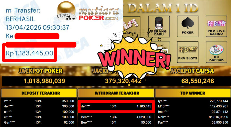 Bukti Withdraw ( 1.183.445,-) Member Setia MutiaraPoker