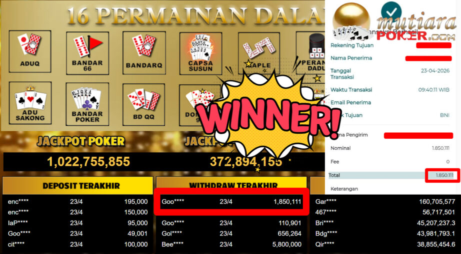 Bukti Withdraw ( 1.850.111,-) Member Setia MutiaraPoker