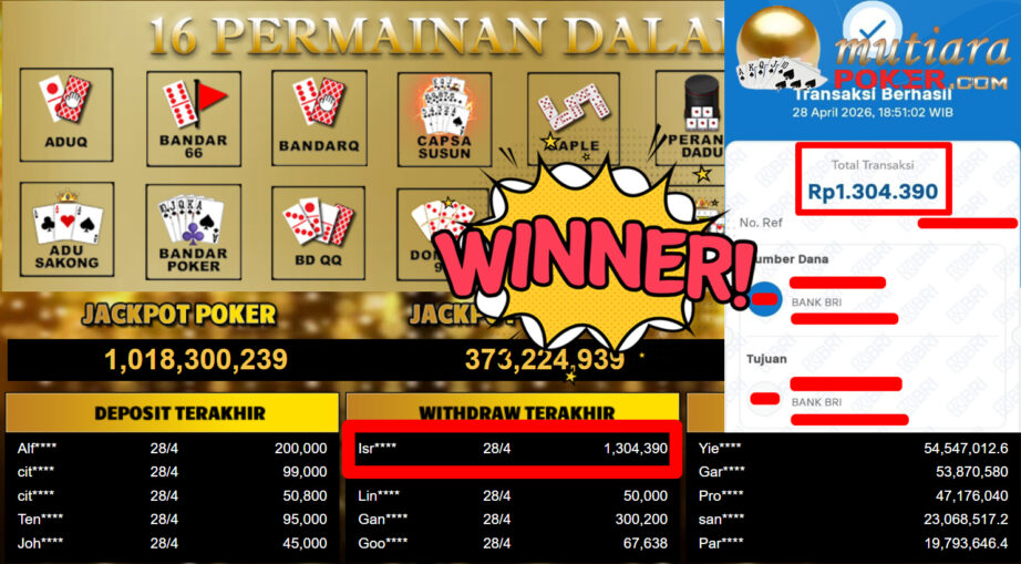 Bukti Withdraw ( 1.304.390,-) Member Setia MutiaraPoker