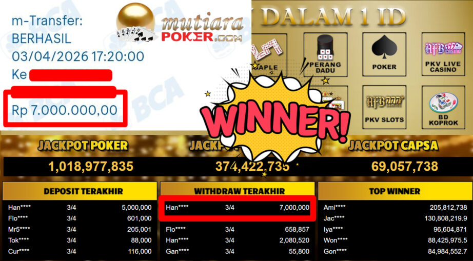 Bukti Withdraw ( 7.000.000,-) Member Setia MutiaraPoker