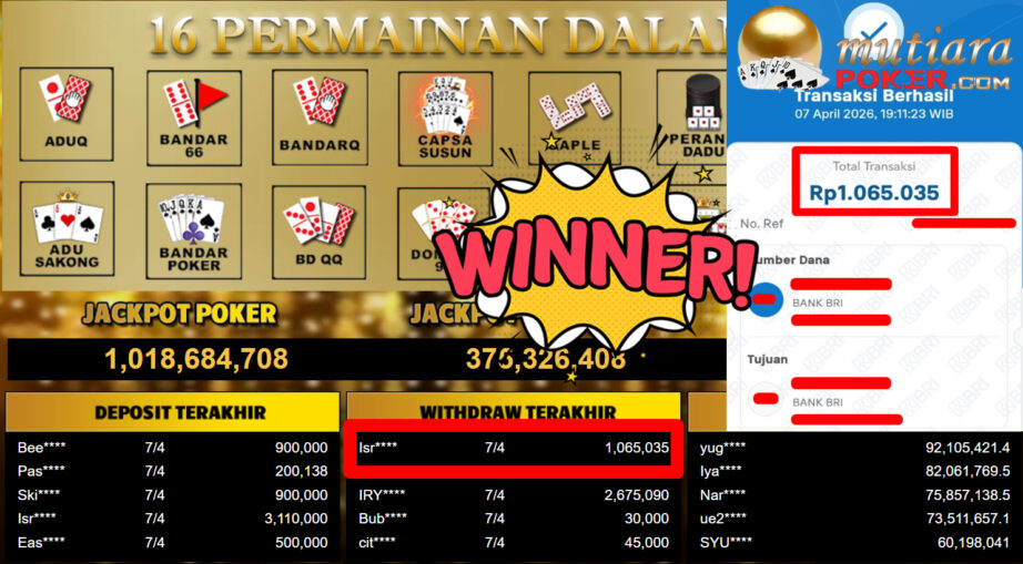 Bukti Withdraw ( 1.065.035,-) Member Setia MutiaraPoker