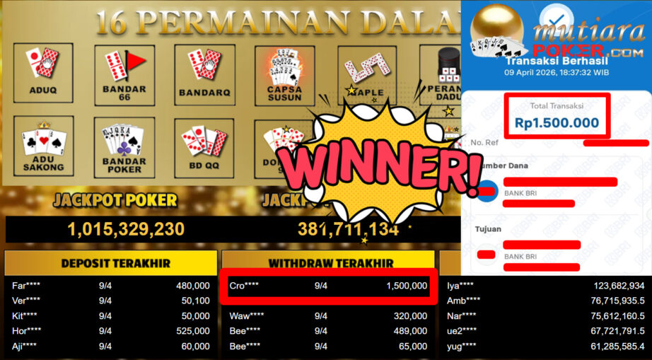 Bukti Withdraw ( 1.500.000,-) Member Setia MutiaraPoker