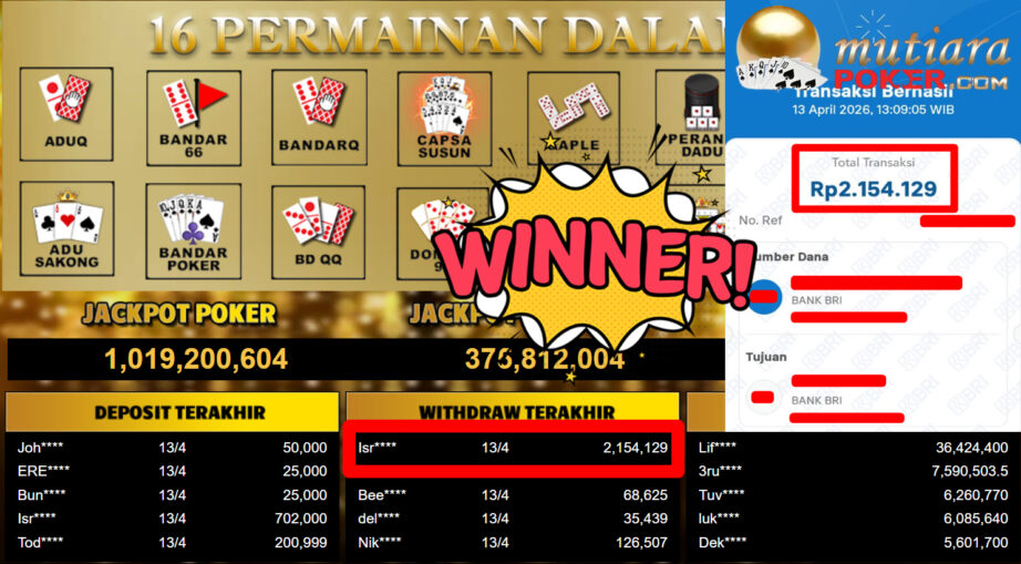 Bukti Withdraw ( 2.154.129,-) Member Setia MutiaraPoker