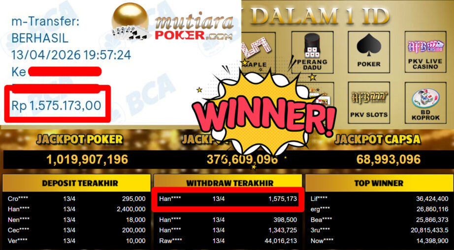Bukti Withdraw ( 1.575.173,-) Member Setia MutiaraPoker