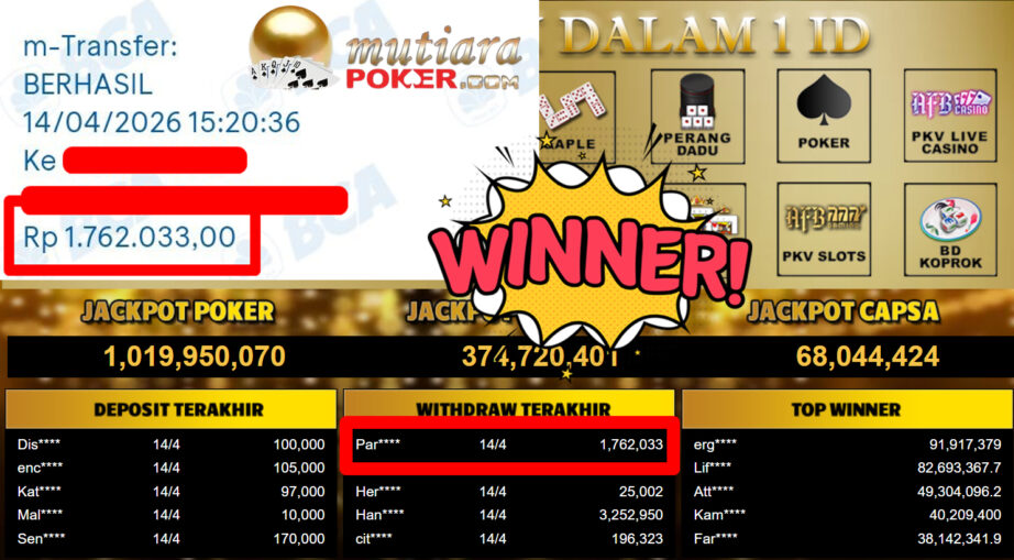 Bukti Withdraw ( 1.762.033,-) Member Setia MutiaraPoker