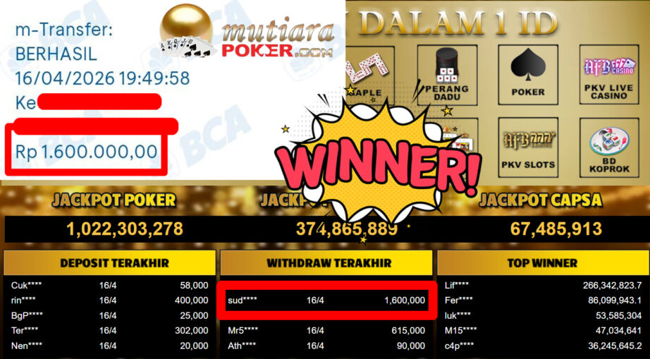 Bukti Withdraw ( 1.600.000,-) Member Setia MutiaraPoker