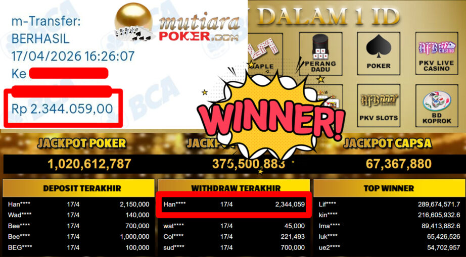 Bukti Withdraw ( 2.344.059,-) Member Setia MutiaraPoker