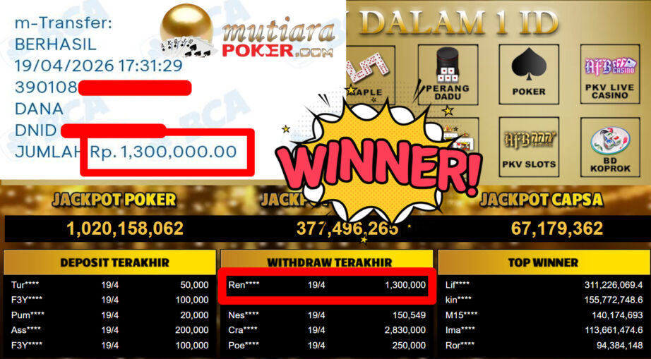 Bukti Withdraw ( 1.300.000,-) Member Setia MutiaraPoker