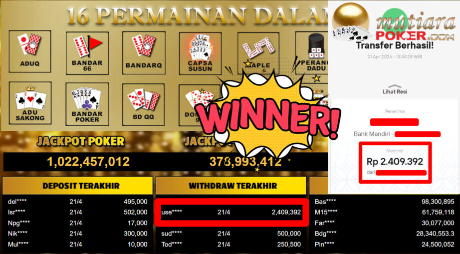 Bukti Withdraw ( 2.409.392,-) Member Setia MutiaraPoker
