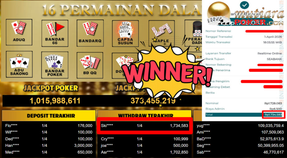 Bukti Withdraw ( 1.734.583,-) Member Setia MutiaraPoker