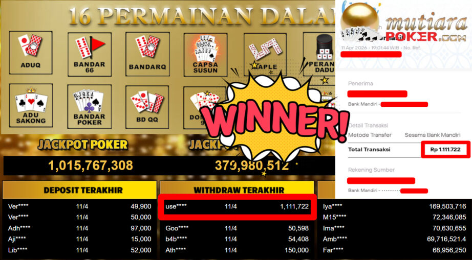 Bukti Withdraw ( 1.111.722,-) Member Setia MutiaraPoker