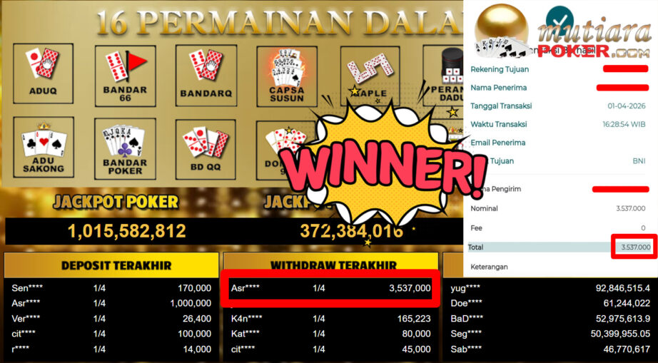 Bukti Withdraw ( 3.537.000,-) Member Setia MutiaraPoker