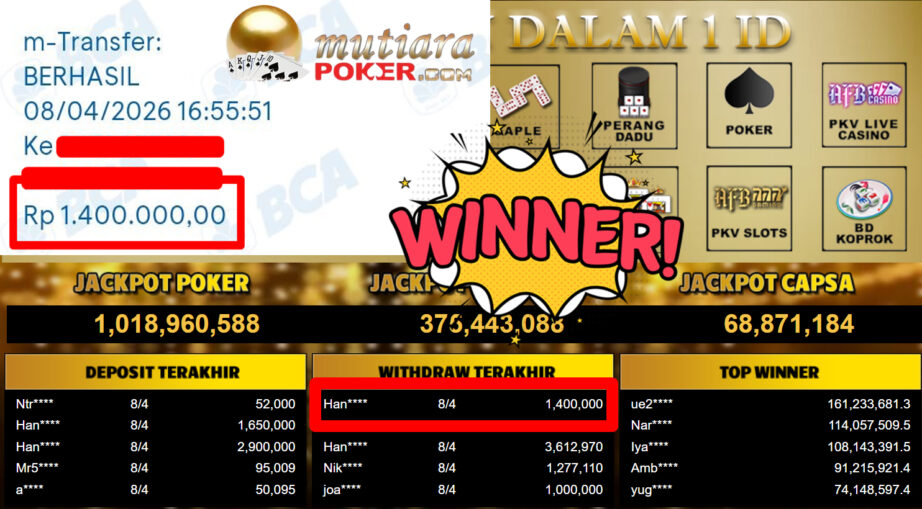 Bukti Withdraw ( 1.400.000,-) Member Setia MutiaraPoker