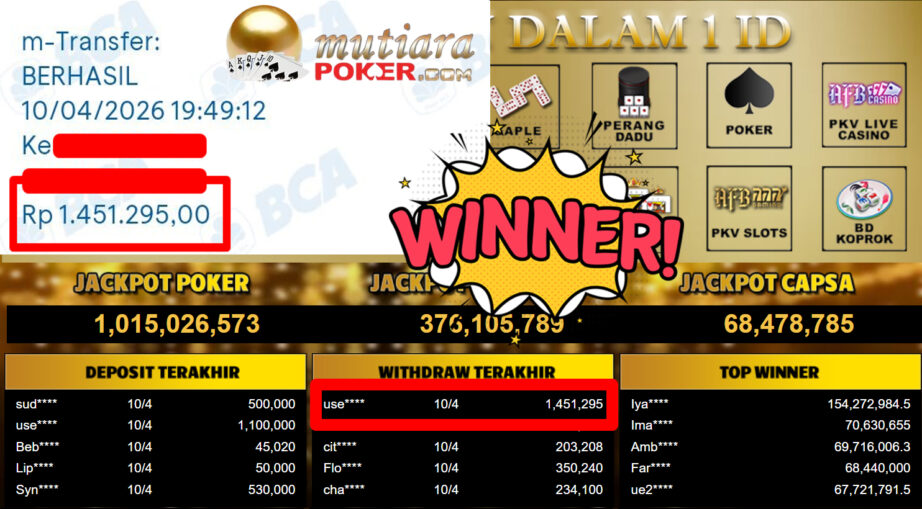 Bukti Withdraw ( 1.451.295,-) Member Setia MutiaraPoker